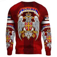 Red crewneck sweatshirt back with large Serbian eagle-and-crown crest, long sleeves