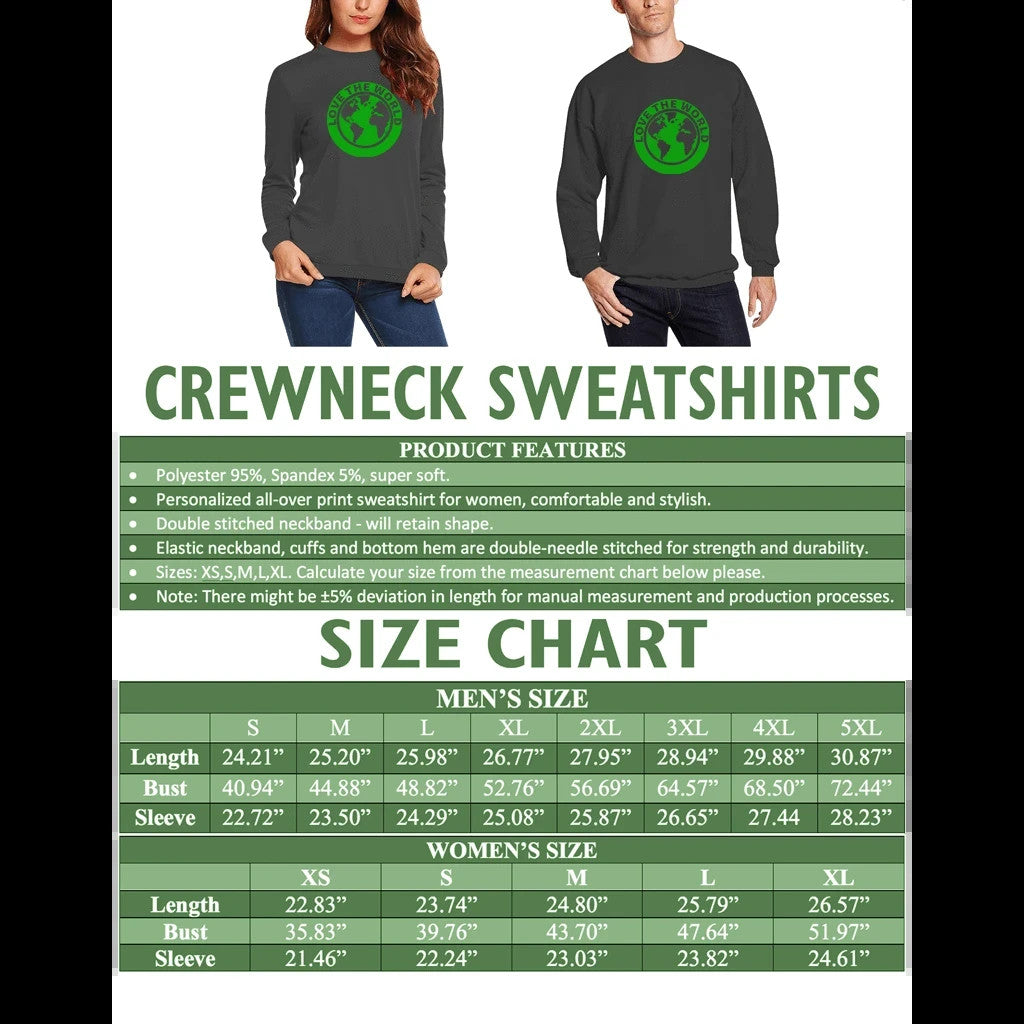 Crewneck sweatshirt size chart with two models in dark fabric and green emblem