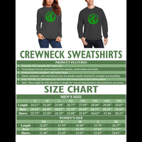Crewneck sweatshirt size chart with two models in dark fabric and green emblem