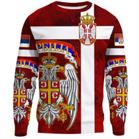 Red crewneck sweatshirt with Serbian crest eagle graphic, striped sleeves, long sleeves