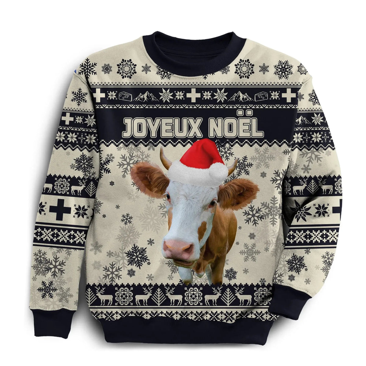 Switzerland Christmas Sweatshirt Swiss Cow Beige Navy RLT13 - Wonder Print Shop