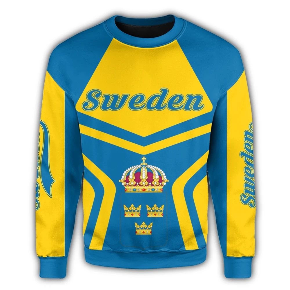 Front Sweden sweatshirt in yellow and blue with 'Sweden' text and crown emblem
