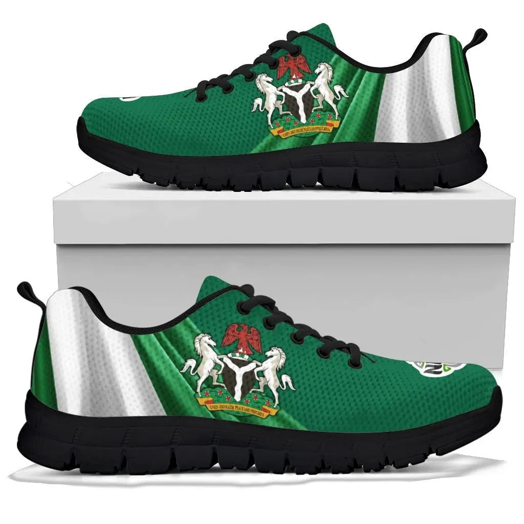 Nigeria Sneakers Nigerian Waving Flag With Coat Of Arms RLT8 - Wonder Print Shop