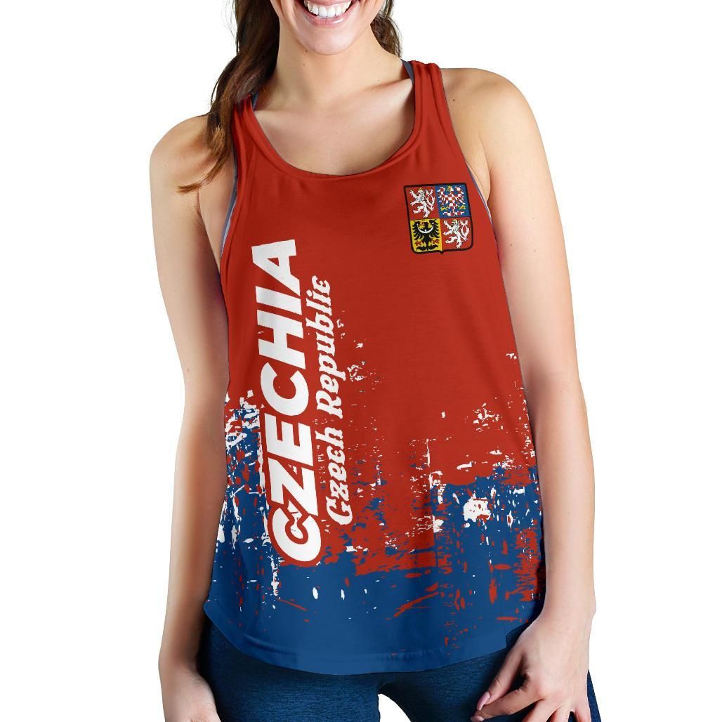 Front view red racerback tank with white Czech text, blue distressed hem, crest patch
