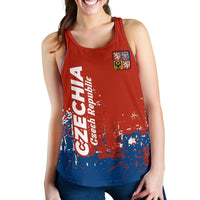 Front view red racerback tank with white Czech text, blue distressed hem, crest patch