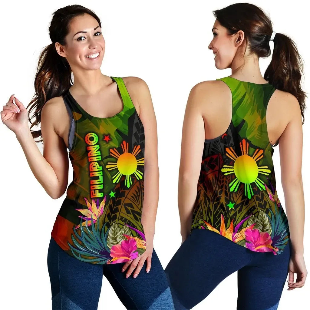 The Philippines Polynesian Women's Racerback Tank, Hibiscus and Banana Leaves RLT6 - Wonder Print Shop