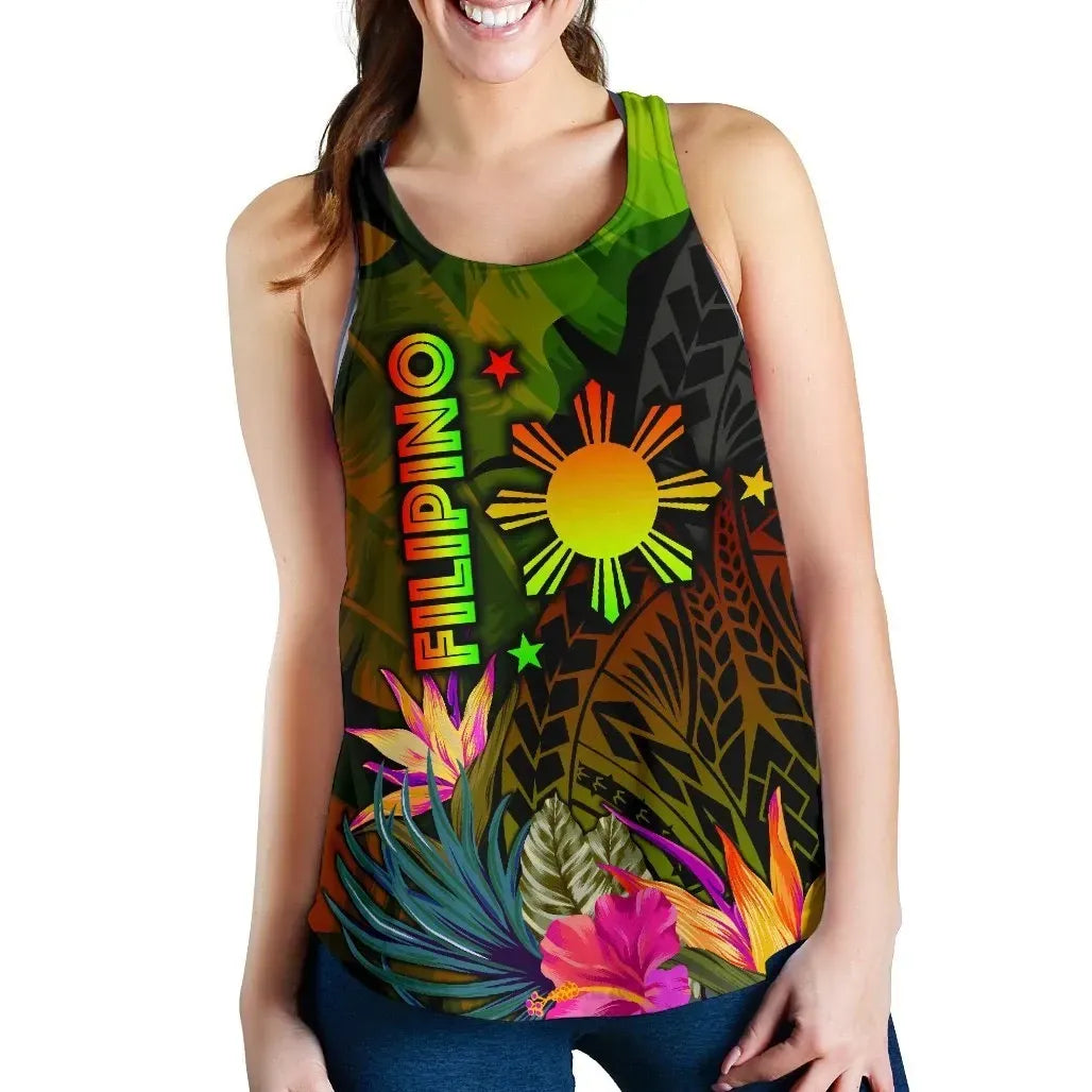 The Philippines Polynesian Women's Racerback Tank, Hibiscus and Banana Leaves RLT6 - Wonder Print Shop