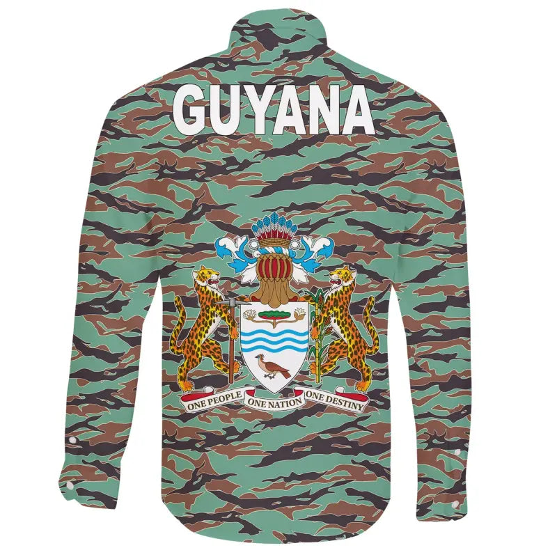Army Guyana Tiger Stripe Camouflage Seamless Flag And Coat Of Arms Long Sleeve Button Shirt RLT8 - Wonder Print Shop