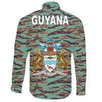 Army Guyana Tiger Stripe Camouflage Seamless Flag And Coat Of Arms Long Sleeve Button Shirt RLT8 - Wonder Print Shop
