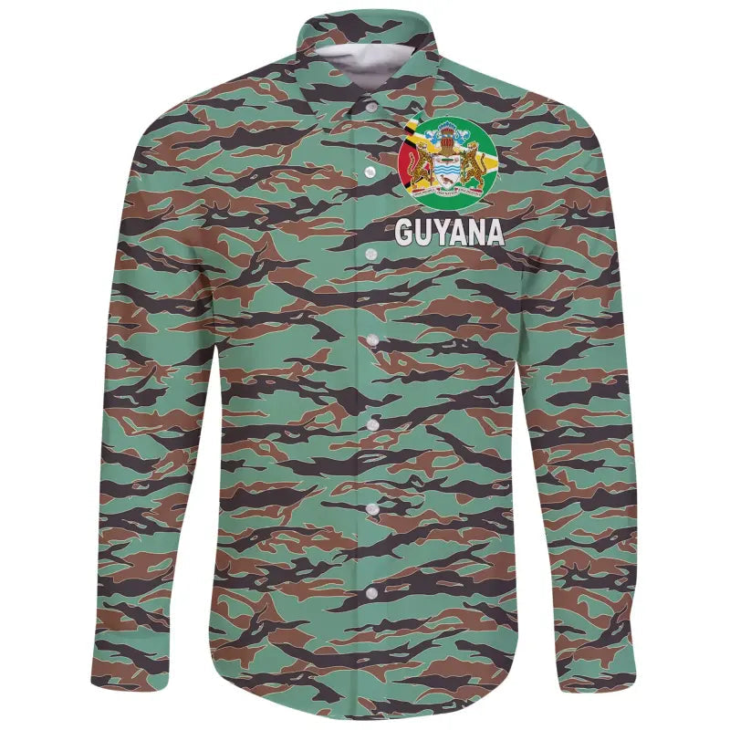 Army Guyana Tiger Stripe Camouflage Seamless Flag And Coat Of Arms Long Sleeve Button Shirt RLT8 - Wonder Print Shop