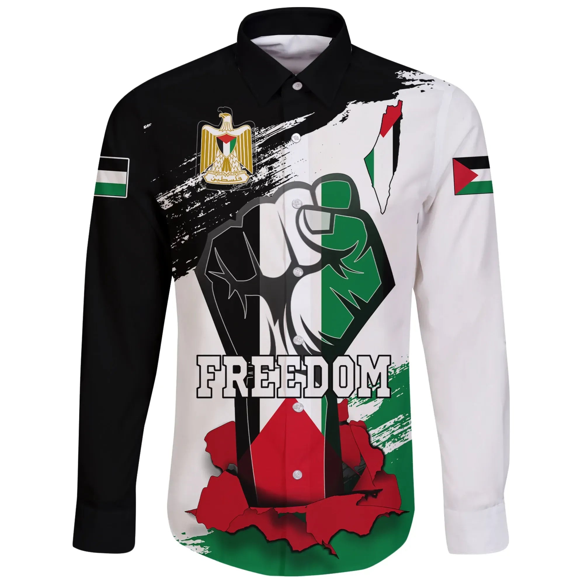 Palestine Freedom Long Sleeve Button Shirt Flag and Map RLT13 - Wonder Print Shop