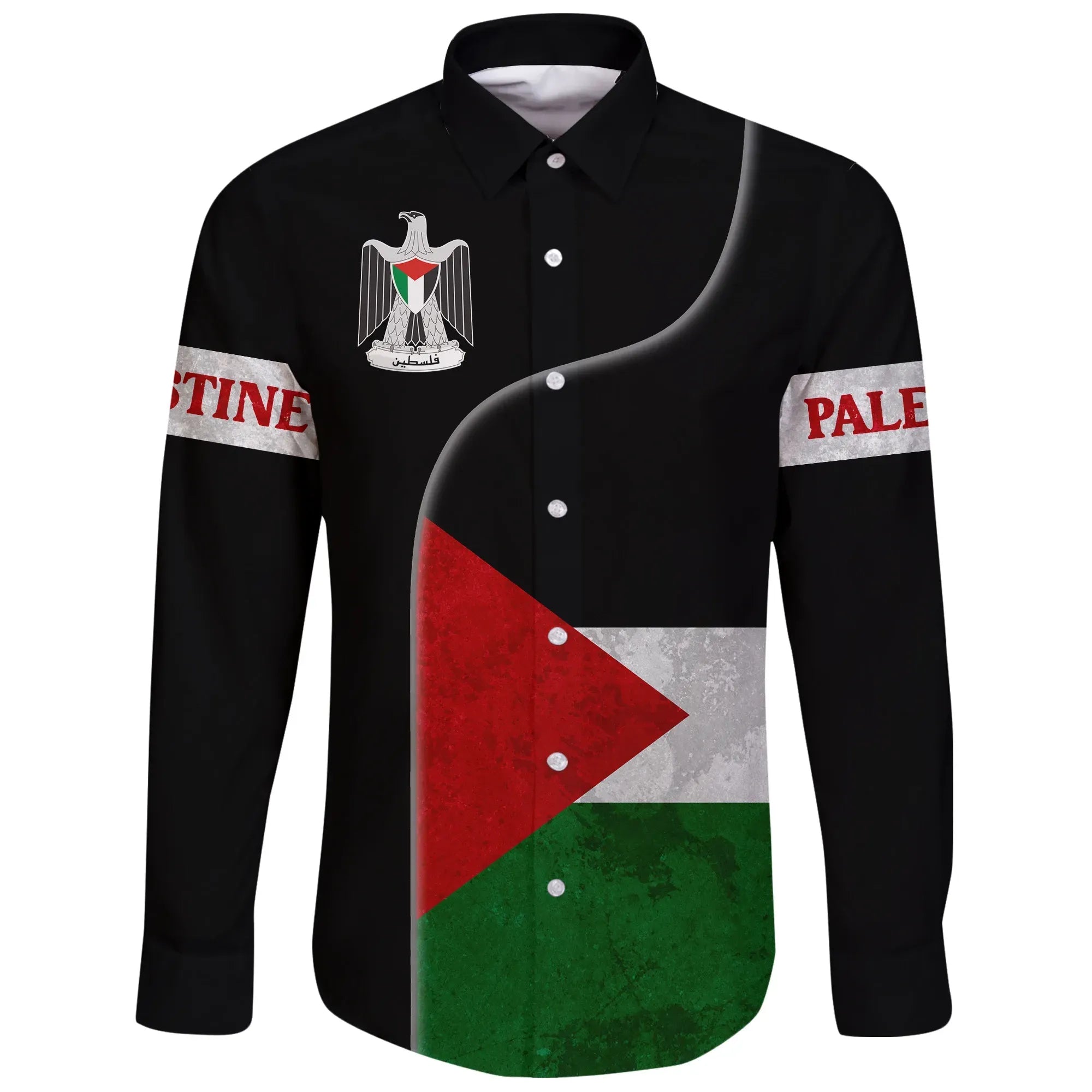 Palestine Flag Long Sleeve Button Shirt Coat Of Arms RLT13 - Wonder Print Shop