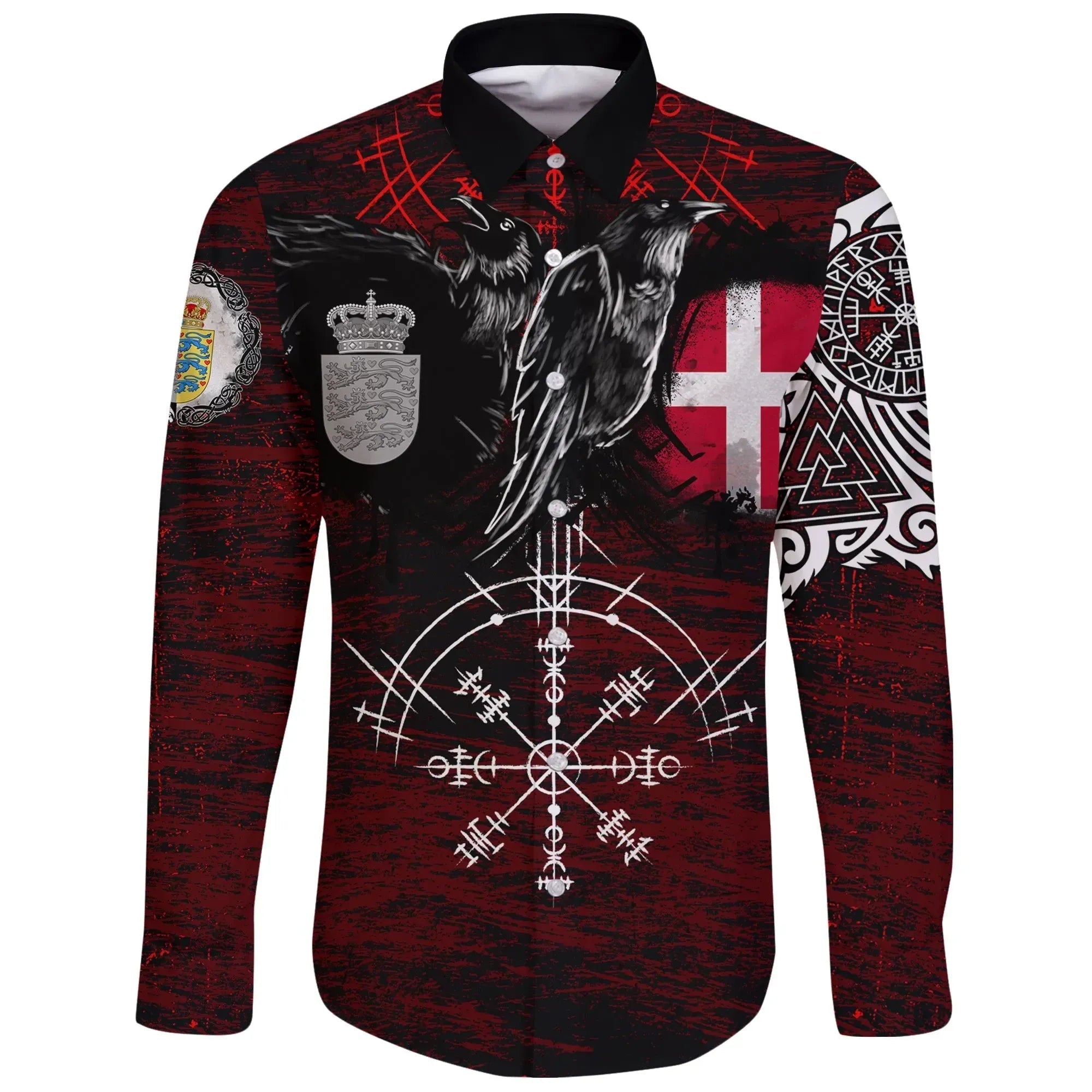 viking-long-sleeve-button-shirt-denmark-raven-of-odin-and-symbol-viking-on-blood-background