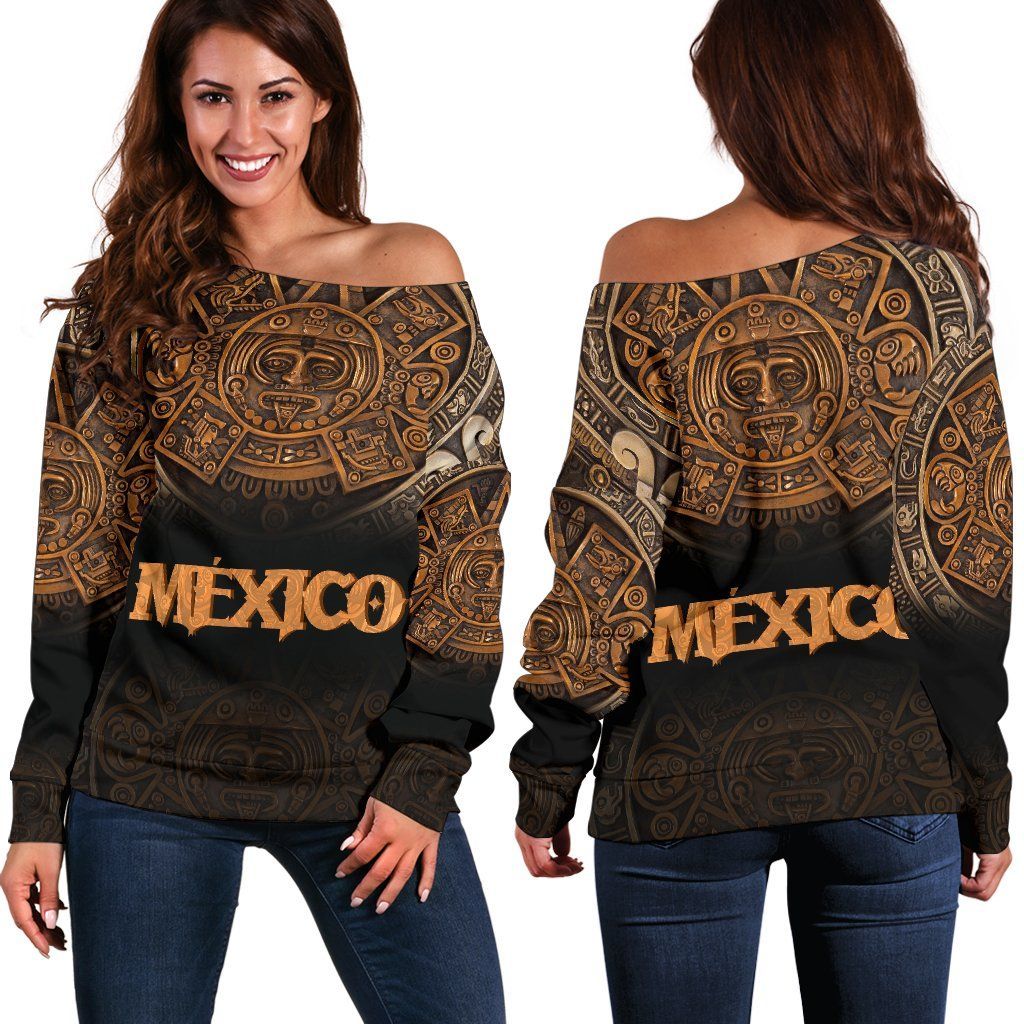 Mexico Aztec Off Shoulder Sweater, The Ancient Aztec Calendar RLT13 - Wonder Print Shop