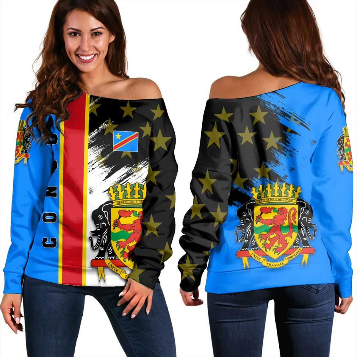 Congo Coat Of Arms Women's Off Shoulder Sweater , Flag Style RLT13 - Wonder Print Shop
