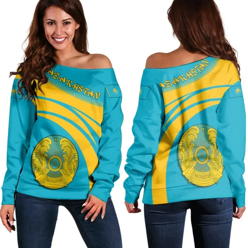 Kazakhstan Coat Of Arms Shoulder Sweater Cricket RLT8 - Wonder Print Shop