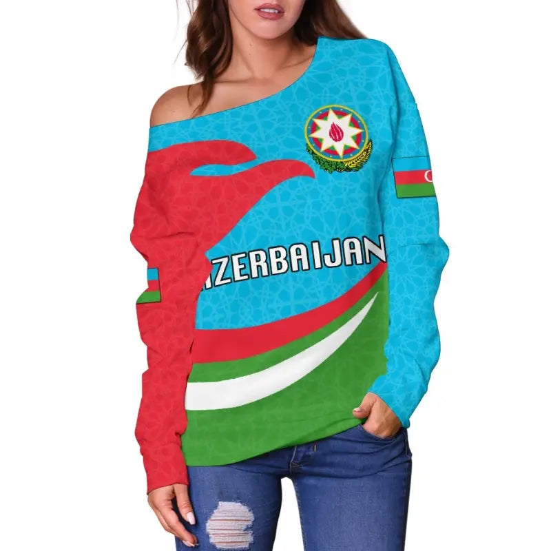 Azerbaijan Women Off Shoulder Sweater Proud Version RLT8 - Wonder Print Shop