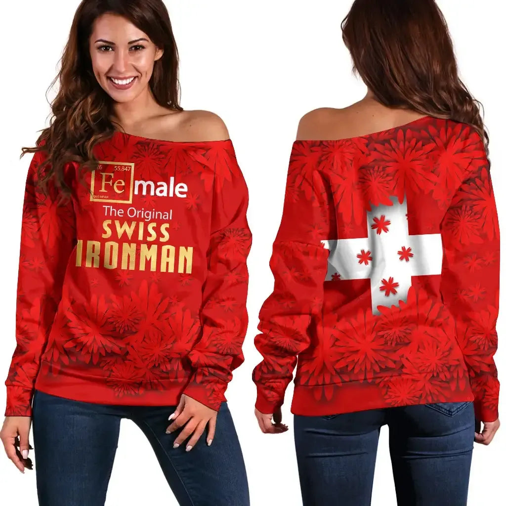 Switzerland Off Shoulder Sweater, Female Swiss Ironman RLT13 - Wonder Print Shop