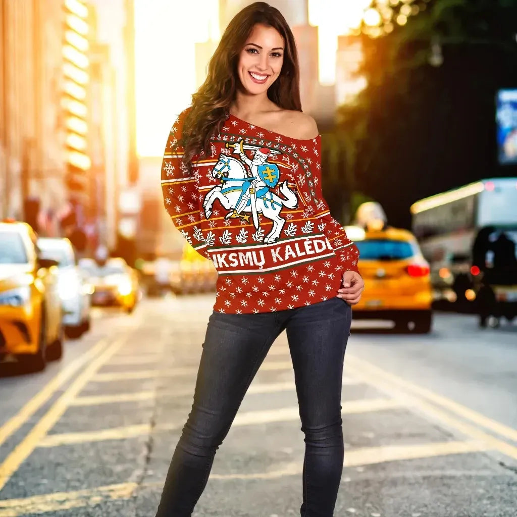 Lithuania Christmas Off Shoulder Sweater, Red RLT6 - Wonder Print Shop