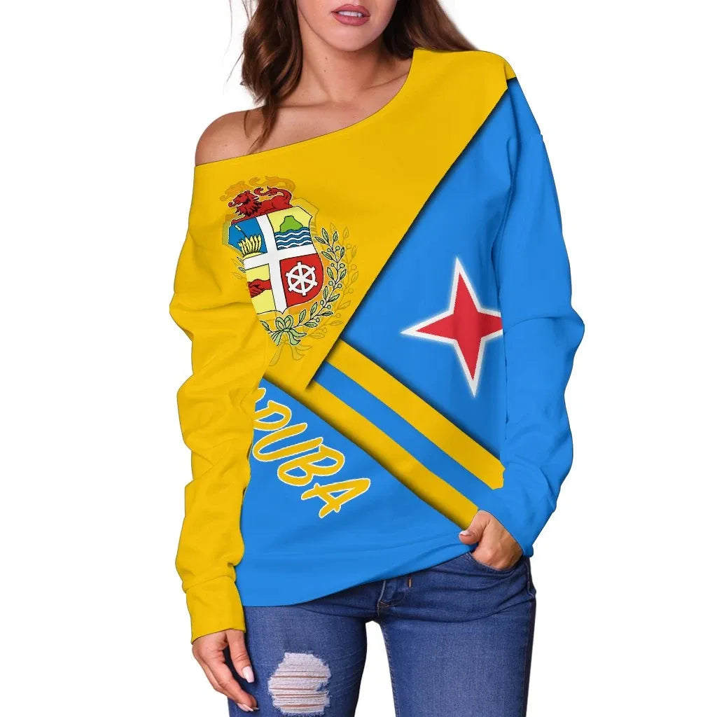 Aruba Women's Off Shoulder Sweater , Aruba Coat Of Arms RLT7 - Wonder Print Shop