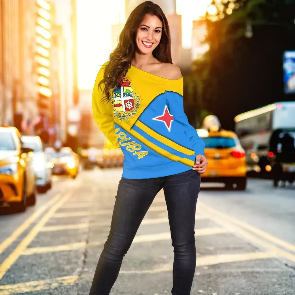 Aruba Women's Off Shoulder Sweater , Aruba Coat Of Arms RLT7 - Wonder Print Shop