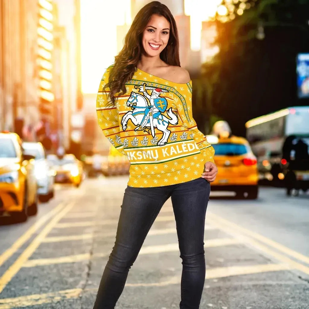 Lithuania Christmas Off Shoulder Sweater, Yellow RLT6 - Wonder Print Shop