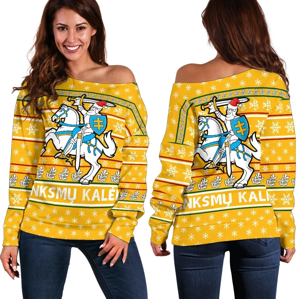 Lithuania Christmas Off Shoulder Sweater, Yellow RLT6 - Wonder Print Shop