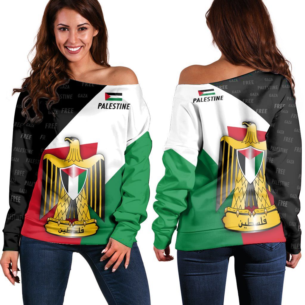 Wonder Print Shop Women's Off Shoulder Sweater, Palestine Special Edition Flag Coat of Arms RLT13 - Wonder Print Shop