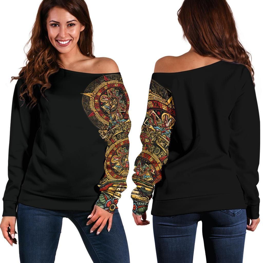 Mexico Off Shoulder Sweater Aztec Sun Stone Tattoo RLT13 - Wonder Print Shop