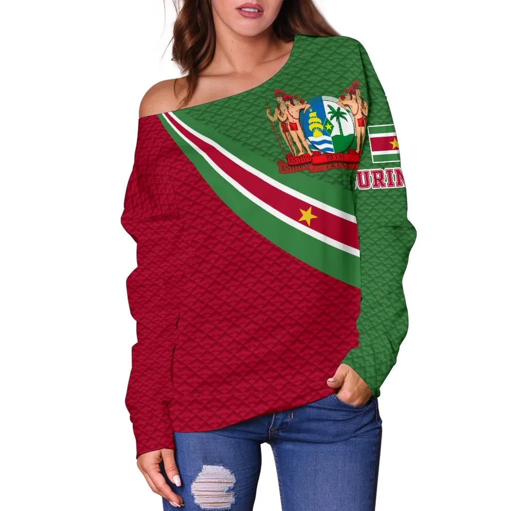 Suriname Women's Off Shoulder Sweater Suriname Coat Of Arms and Flag Color RLT7 - Wonder Print Shop
