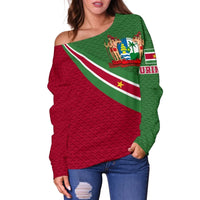 Suriname Women's Off Shoulder Sweater Suriname Coat Of Arms and Flag Color RLT7 - Wonder Print Shop