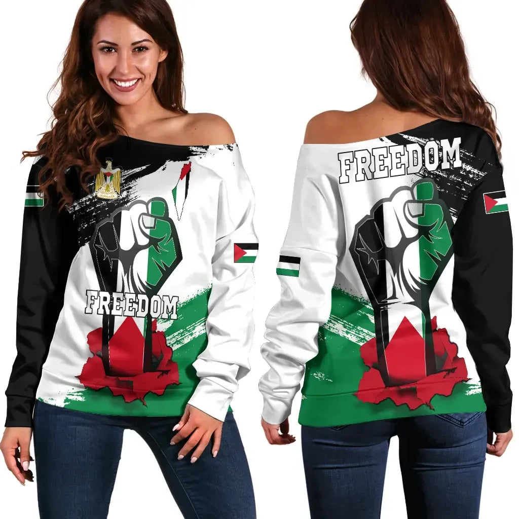 Palestine Freedom Women's Off Shoulder Sweater Flag and Map RLT13 - Wonder Print Shop