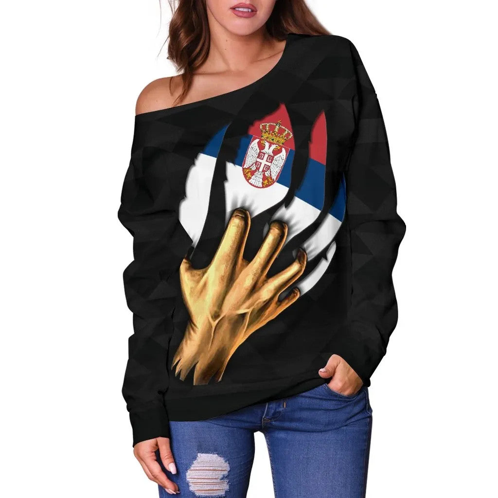 Serbia Women's Off Shoulder Sweater Serbian Is Me, RLT7 - Wonder Print Shop
