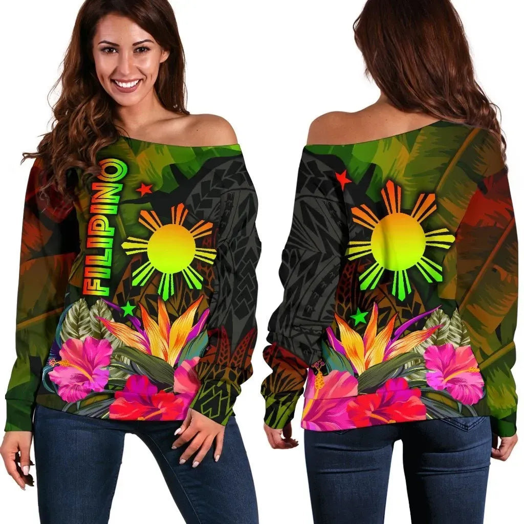The Philippines Polynesian Women's Off Shoulder Sweater, Hibiscus and Banana Leaves RLT6 - Wonder Print Shop