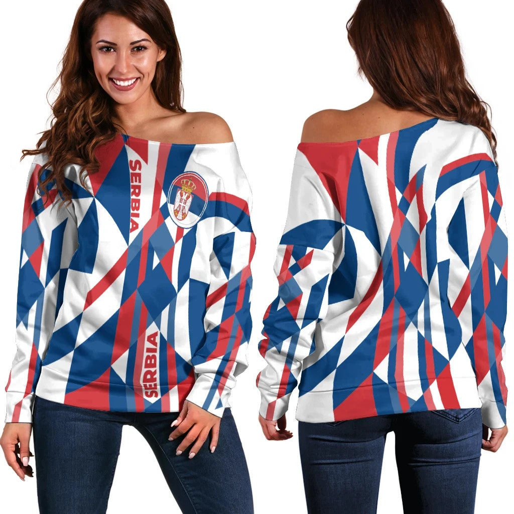 Women Off Shoulder - Serbia Flag Color With Coat Of Arm RLT7 - Wonder Print Shop