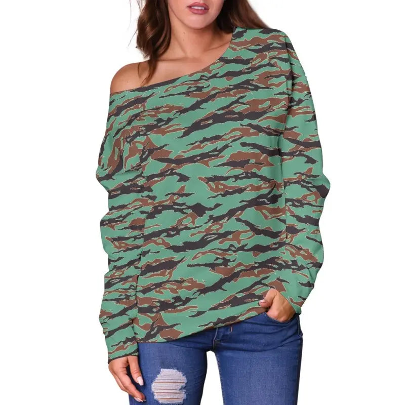 Army Guyana Tiger Stripe Camouflage Seamless Womens Off Shoulder Sweater RLT8 - Wonder Print Shop