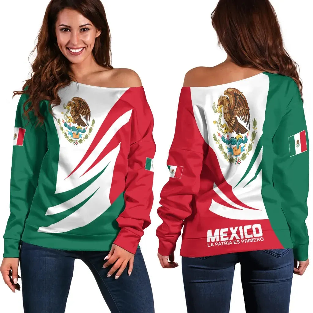 Mexico Off Shoulder Sweater Coat Of Arms Bincjou RLT13 - Wonder Print Shop