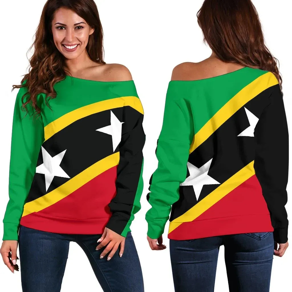 Saint Kitts and Nevis Women's Off Shoulder Sweater, Saint Kitts and Nevis Flag Style RLT6 - Wonder Print Shop
