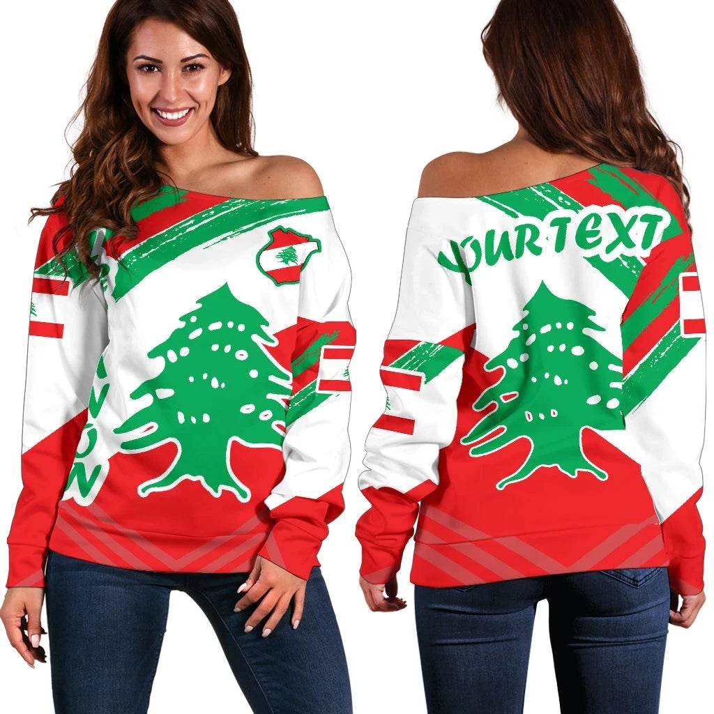 Lebanon Personalised Women's Off Shoulder Sweater, Lebanon Flag Polygon Style, RLT6 - Wonder Print Shop