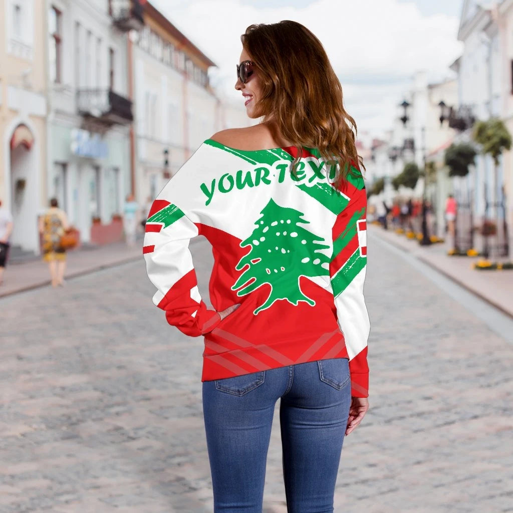 Lebanon Personalised Women's Off Shoulder Sweater, Lebanon Flag Polygon Style, RLT6 - Wonder Print Shop