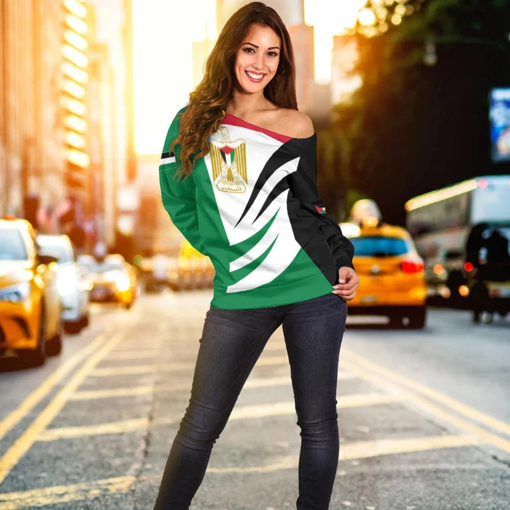 Palestine Off Shoulder Sweater Coat Of Arms BinCjou RLT13 - Wonder Print Shop