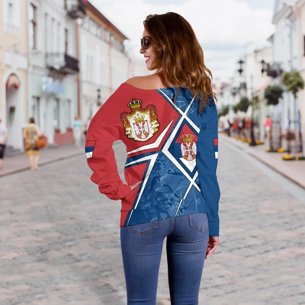 Serbia Women's Off Shoulder Sweater Serbian Legend, RLT7 - Wonder Print Shop