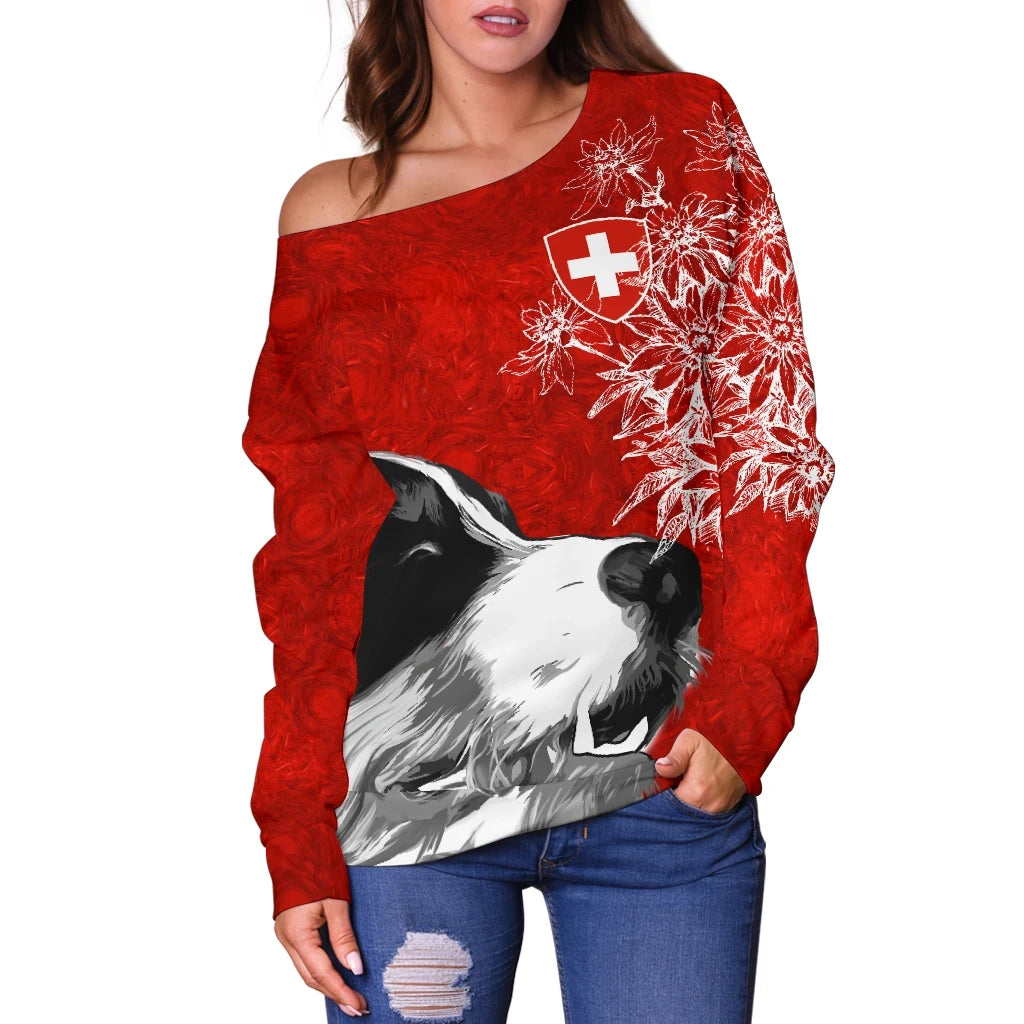 Switzerland Off Shoulder Sweater Bernese Mountain Dog and Edelweiss RLT13 - Wonder Print Shop