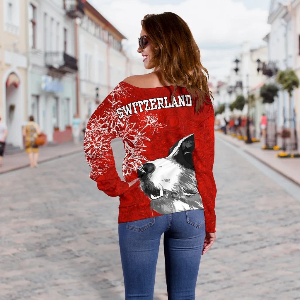 Switzerland Off Shoulder Sweater Bernese Mountain Dog and Edelweiss RLT13 - Wonder Print Shop