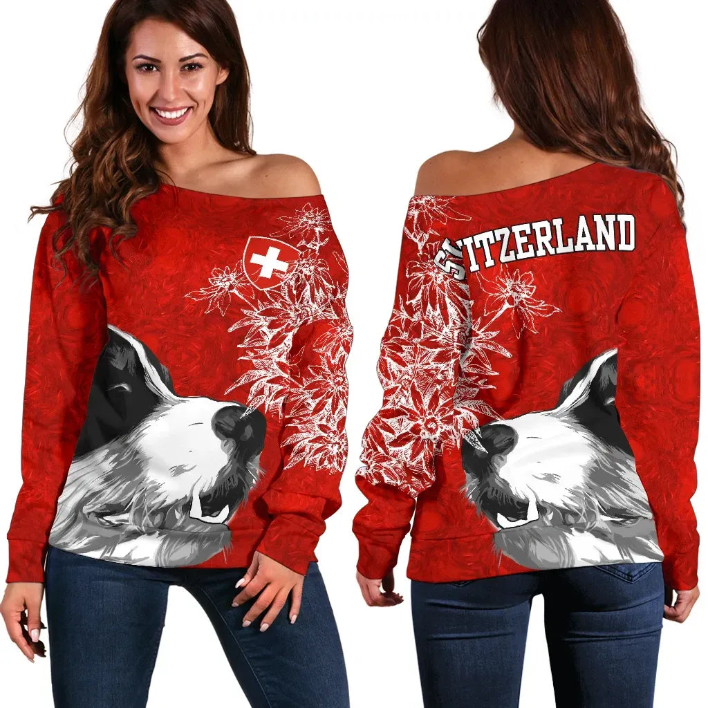 Switzerland Off Shoulder Sweater Bernese Mountain Dog and Edelweiss RLT13 - Wonder Print Shop