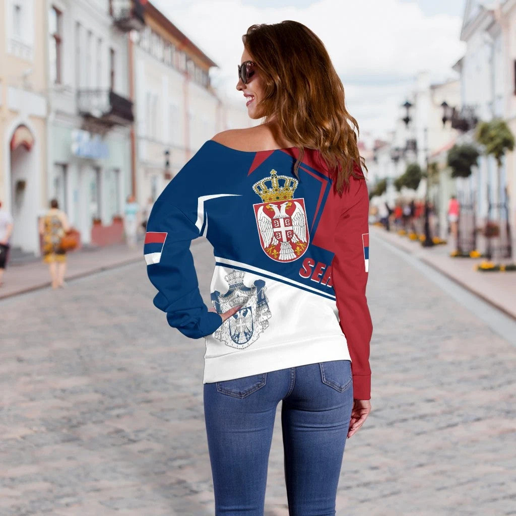 Serbia Women's Off Shoulder Sweater Coat Of Arms Flag Style, RLT7 - Wonder Print Shop