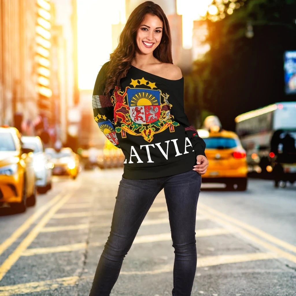 Latvia, United Women's Off Shoulder Sweater RLT6 - Wonder Print Shop