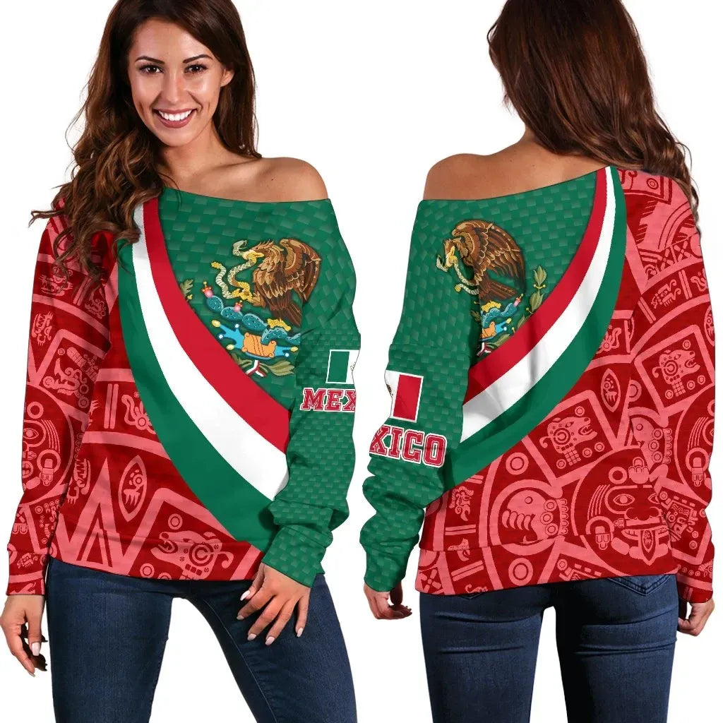 Mexico Women's Off Shoulder Sweater, Mexico Coat Of Arms With Aztec Patterns RLT13 - Wonder Print Shop