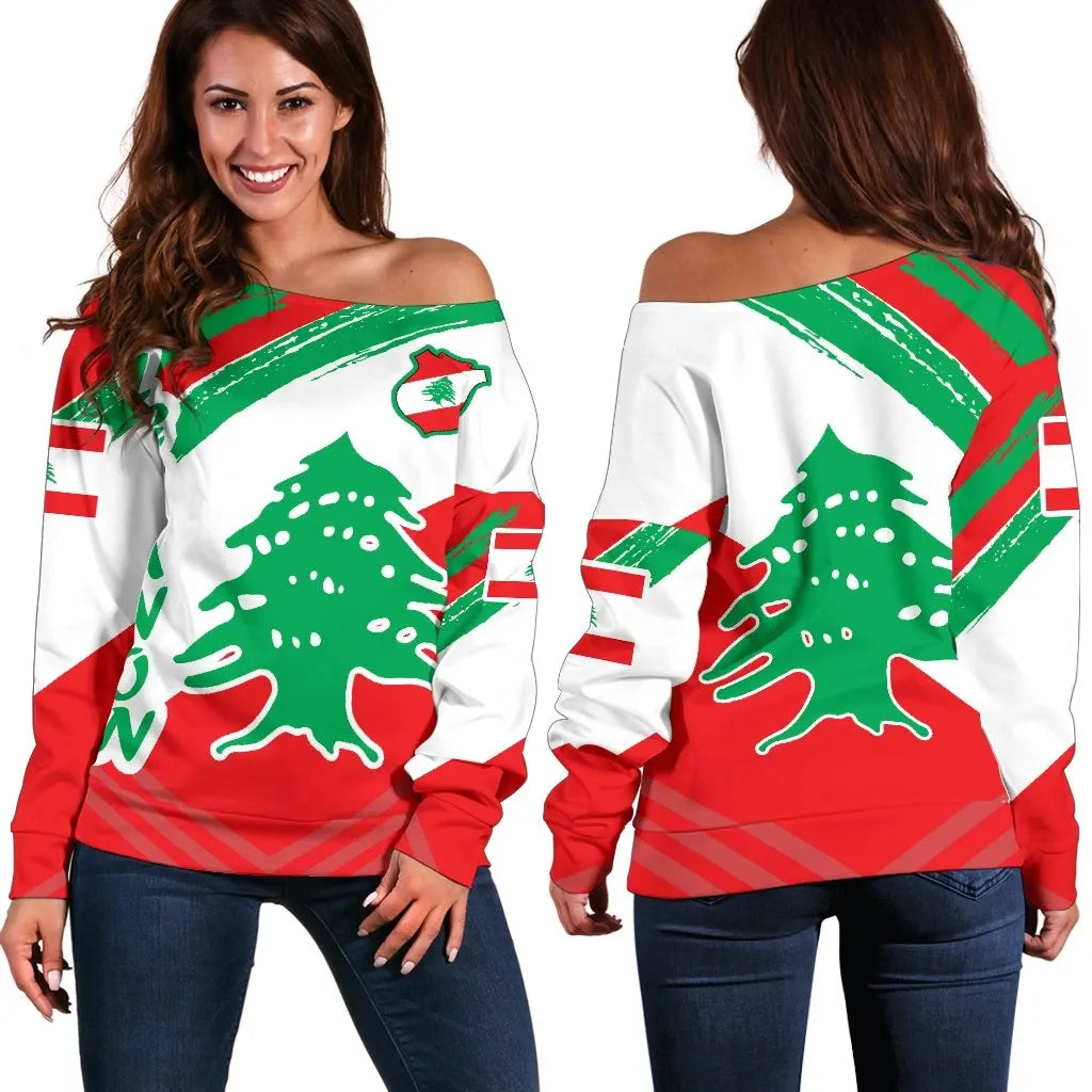 Lebanon Women's Off Shoulder Sweater, Lebanon Flag Polygon Style, RLT6 - Wonder Print Shop