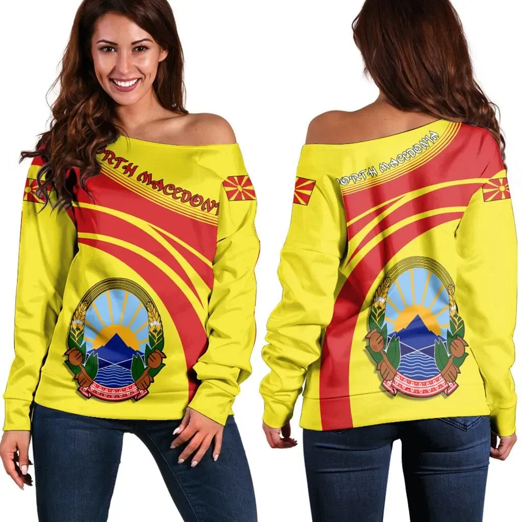 North Macedonia Coat Of Arms Shoulder Sweater Cricket RLT7 - Wonder Print Shop